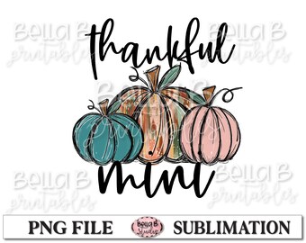 Diseño de mini sublimación agradecida, calabaza de garómata, dibujado a mano, calabaza pintada, diseños de sublimación de otoño, descarga digital, PNG