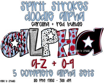 Carolina Blue Red Spirit Doodle Alpha, Spots Alpha PNG, School Spirit Alphabet, Dotted Alpha, Alpha Bundle, Doodle Letters, Digital Download