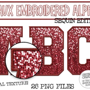 Faux Embroidered Sequin PNG Alphabet Set, Maroon Sequin,Maroon Faux Sequin PNG,Stitched Alpha PNG,Varsity Letters, Digital Download,Alphabet