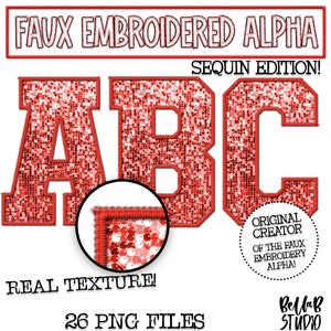 Faux Embroidered Sequin PNG Alphabet Set, Red Sequin, Red Faux Sequin PNG, Stitched Alpha PNG,Varsity Letters, Digital Download, Alphabet