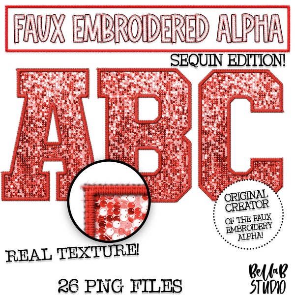 Faux Embroidered Sequin PNG Alphabet Set, Red Sequin, Red Faux Sequin PNG, Stitched Alpha PNG,Varsity Letters, Digital Download, Alphabet