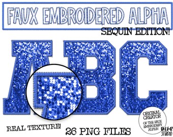 Faux gestickte Pailletten PNG Alphabet Set, royalblaue Pailletten, blaue Faux Sequin PNG, genähtes Alpha PNG, Varsity Buchstaben, digitaler Download, Alphabet