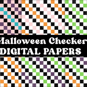 Puede incluir: Seis papeles digitales con un patrón de tablero de ajedrez en varios colores de Halloween, incluyendo naranja, verde, morado y rosa. Los papeles son de 12x12 pulgadas y 300 DPI. "Halloween Checker DIGITAL PAPERS" está escrito en una fuente retro.