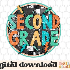 Retro Boho Second Grade PNG Sublimation Design, School Design, Lightning Bolt, Cute Boys, Back To School, Sublimation Digital Download, PNG