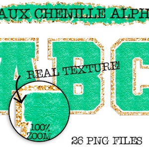 Faux Chenille PNG Alphabet Set, Green Chenille Sublimation Alphabet, Clipart, Varsity Letters, Digital Download, PNG, Sublimation Alphabet