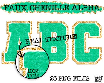 Alfabeto PNG de chenilla sintética, alfabeto de sublimación de chenilla verde, clipart, letras universitarias, descarga digital, PNG, alfabeto de sublimación