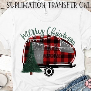 Joyeux Noël Camper Sublimation Transfer, Buffalo Plaid, Noël, Dessiné à la main, Prêt à presser, Transfert de presse thermique, Impression par sublimation,