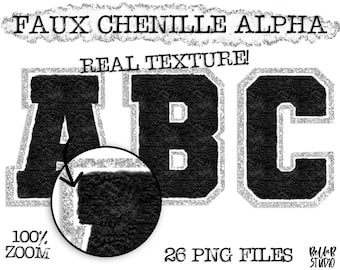 Faux Chenille PNG Alphabet Set, Schwarzes Chenille Sublimationsalphabet, Clipart, Varsity Buchstaben, digitaler Download, PNG, Sublimationsalphabet