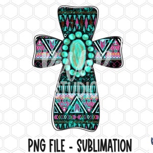 May include: A turquoise, pink, and black cross with a turquoise gemstone in the center. The cross has a geometric pattern and a distressed look. PNG file - Sublimation.