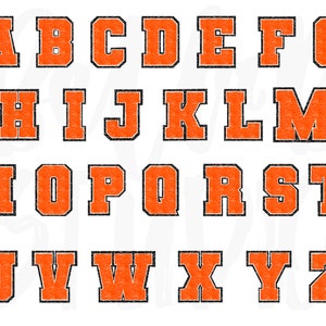 K&ouml;nnte beinhalten: Orangefarbene Buchstaben des Alphabets mit schwarzem Umriss. Jeder Buchstabe ist in einer klobigen, Vintage-Schriftart.