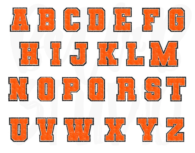 K&ouml;nnte beinhalten: Orangefarbene Buchstaben des Alphabets mit schwarzem Umriss. Jeder Buchstabe ist in einer klobigen, Vintage-Schriftart.