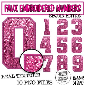 Faux Embroidered Sequin PNG Numbers Set, Pink Sequin, Pink Faux Sequin PNG, Stitched Numbers PNG, Varsity Numbers, Digital Download