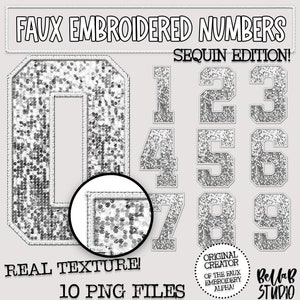 Faux Embroidered Sequin PNG Numbers Set, White Sequin, White Faux Sequin PNG, Stitched Numbers PNG, Varsity Numbers, Digital Download