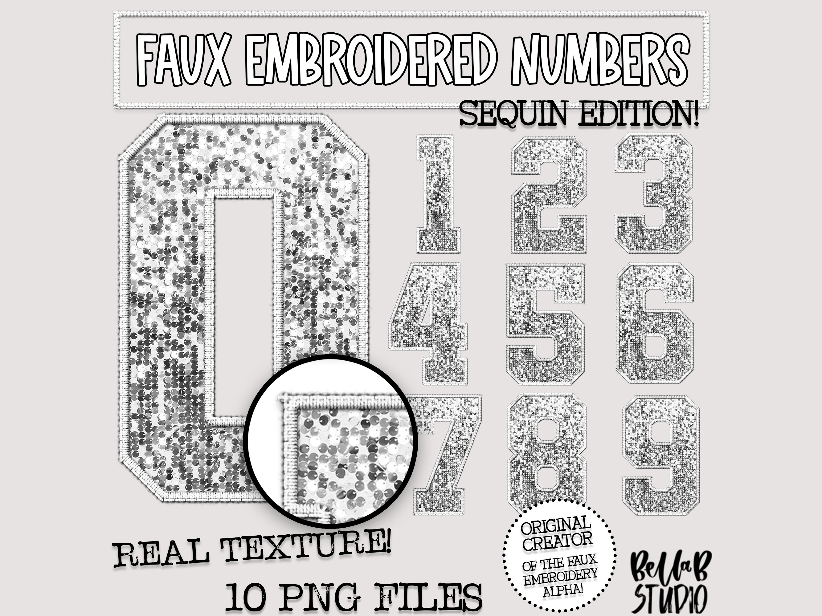 Faux Embroidered Sequin PNG Numbers Set, White Sequin, White Faux ...