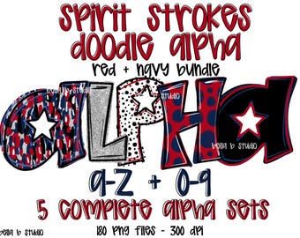 Red and Navy Spirit Doodle Alpha, Spots Alpha PNG, School Spirit Alphabet, Dotted Alpha, Alpha Bundle, Doodle Letters, Digital Download