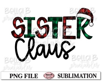 Irmã Claus PNG Sublimation Design, Designs de Sublimação de Natal, Xadrez, Chapéu de Papai Noel, Doodle, Download Digital, Sublimação, PNG, Clip Art