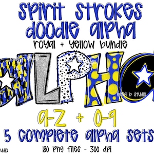 Royal and Yellow Spirit Doodle Alpha, Spots Alpha PNG, School Spirit Alphabet, Dotted Alpha, Alpha Bundle, Doodle Letters, Digital Download