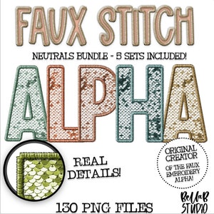 Neutrals Faux Embroidered Sequin PNG Alphabet Set, Neutrals Bundle Faux Sequin PNG, Stitched Alpha PNG, Digital Download, Alphabet