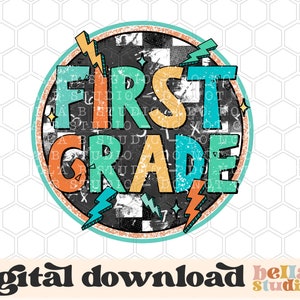 Retro Boho First Grade PNG Sublimation Design, School Design, Lightning Bolt, Cute Boys, Back To School, Sublimation Digital Download, PNG