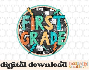 Design de sublimação PNG de primeira série Boho retrô, design escolar, raio, meninos fofos, volta às aulas, download digital de sublimação, PNG
