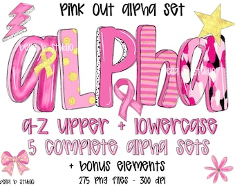 Pink Out Doodle Alpha PNG Bundle, Pink Alpha PNG, Alphabet, Doodle Font, Alpha Bundle,Doodle Letters, Breast Cancer,Clipart,Digital Download