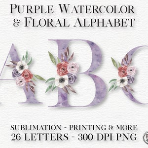 Purple Watercolor Floral Alphabet Set, Alphabet Clipart, Sublimation Alphabet, Watercolor Alphabet, Watercolor Letters, Vintage Flowers