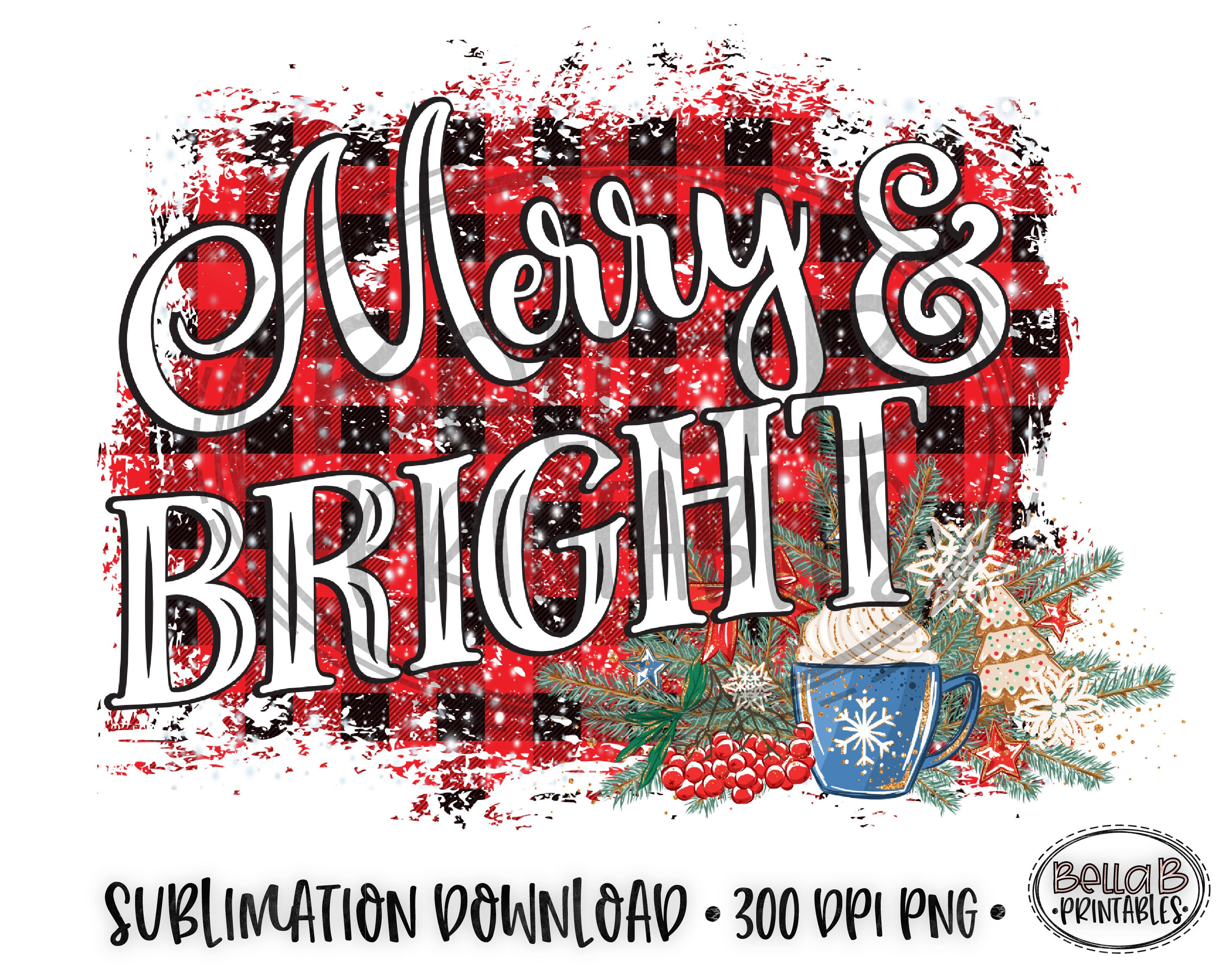 Download Christmas Sublimation Designs Plaid Merry and Bright | Etsy