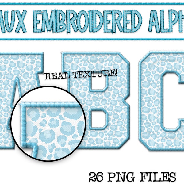 Faux Embroidered PNG Alphabet Set, Blue Leopard Sublimation Alphabet, Stitched Alpha PNG, Clipart, Varsity Letters, Digital Download, PNG,