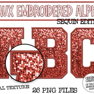 Faux Embroidered Sequin PNG Alphabet Set, Red Sequin, Red Faux Sequin PNG, Stitched Alpha PNG,Varsity Letters, Digital Download, Alphabet