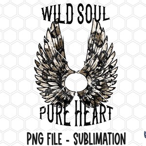 Wild Heart Pure Soul Sublimation Design, Retro Design, Vintage, Boho Wings, Leopard Wings, Sublimation Digitale Download, PNG, Illustraties