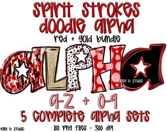 Red Gold Spirit Doodle Alpha, Spots Alpha PNG, School Spirit Alphabet, Alfa pontilhado, Alpha Bundle, Doodle Letters, Clipart, Download digital