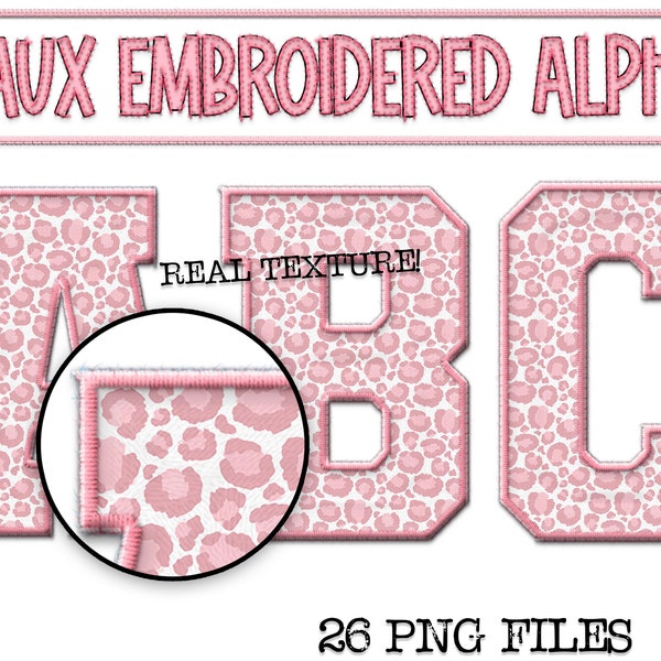 Faux Embroidered PNG Alphabet Set, Pink Leopard Alphabet, Stitched Alpha PNG, Clipart, Varsity Letters, Digital Download, PNG, Alphabet