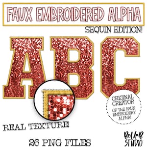 Faux Embroidered Sequin PNG Alphabet Set, Red Gold Sequin, Red Faux Sequin PNG, Stitched Alpha PNG, Varsity Letters, Digital Download