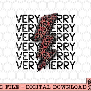 Very Merry Stacked Lightning Bolt PNG Sublimation Design, Retro Christmas, Vintage, Leopard Bolt, Sublimation Designs, Digital Download, PNG