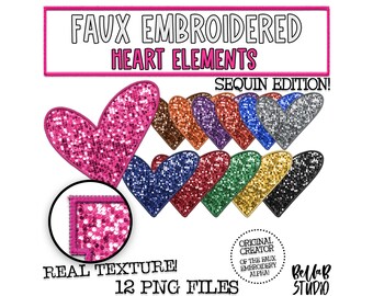 Faux Embroidered Sequin Heart Elements PNG, Faux Sequin PNG, Faux Embroidery, Matching Elements, Sequin Hearts, Digital Download