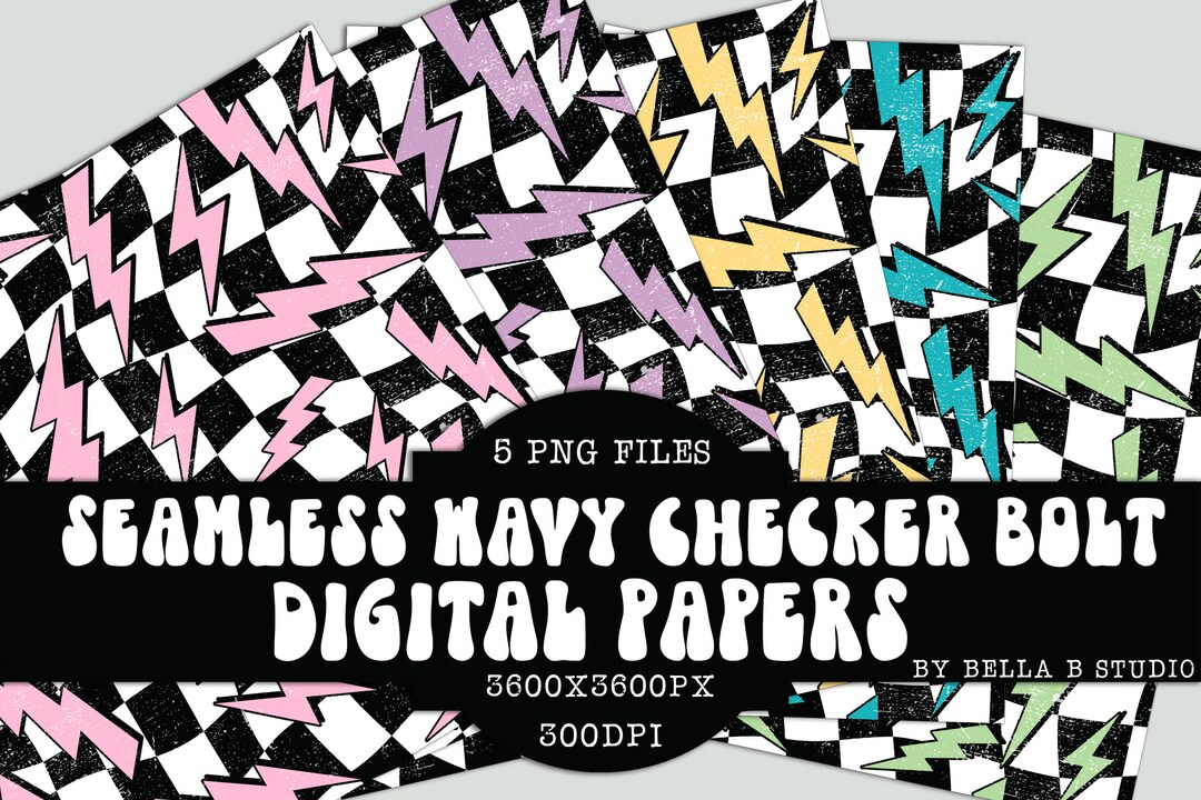 Seamless Wavy Checkered Lightning Bolt Digital Paper, Retro Boho ...
