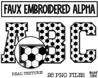 Set di alfabeto PNG ricamato finto da calcio, alfabeto a sublimazione, PNG alfabetico cucito, clipart, lettere universitarie, download digitale, PNG,