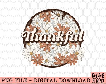 Retro Boho Floral Agradecido PNG Sublimação Design, Floral, Margaridas, Outono, Designs de Sublimação de Outono, Download Digital, PNG