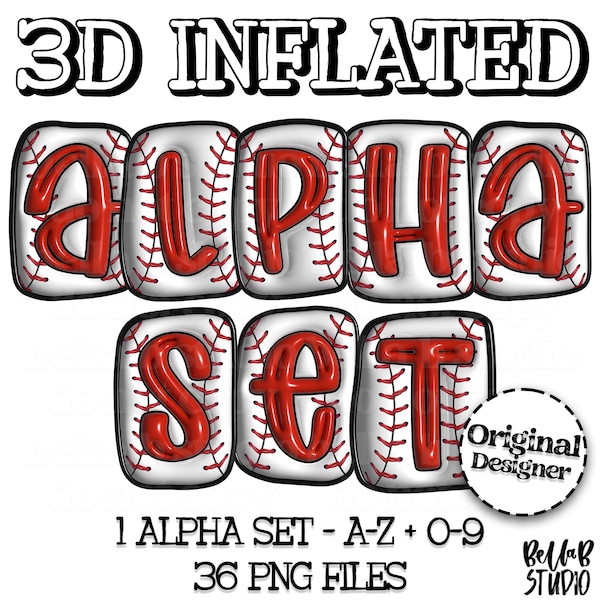 3D Inflated Baseball PNG Alphabet Set, Bubble Puffy Alphabet, 3D Alpha PNG, Clipart, Digital Download, Sports Teams Mascots Alphabet