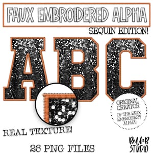 Faux Embroidered Sequin PNG Alphabet Set, Black Orange Sequin, Black Faux Sequin PNG, Stitched Alpha PNG, Varsity Letters, Digital Download