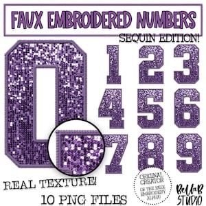 Faux Embroidered Sequin PNG Numbers Set, Purple Sequin, Purple Faux Sequin PNG, Stitched Numbers PNG, Varsity Numbers, Digital Download