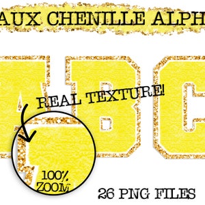 Faux Chenille PNG Alphabet Set, Yellow Chenille Sublimation Alphabet, Clipart, Varsity Letters, Digital Download, PNG, Sublimation Alphabet