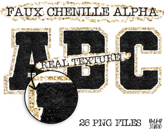 Faux Chenille PNG Alphabet Set, Schwarzes Chenille Sublimationsalphabet, Clipart, Varsity Buchstaben, digitaler Download, PNG, Sublimationsalphabet