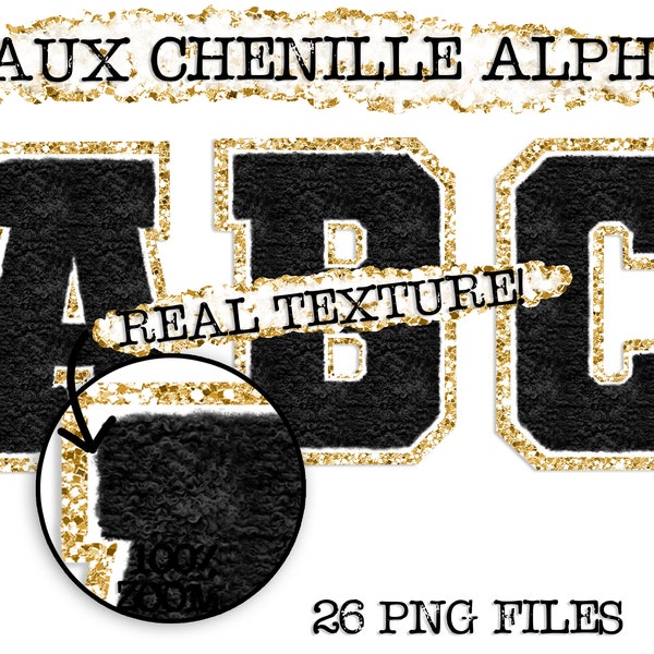 Faux Chenille PNG Alphabet Set, Black Chenille Sublimation Alphabet, Clipart, Varsity Letters, Digital Download, PNG, Sublimation Alphabet