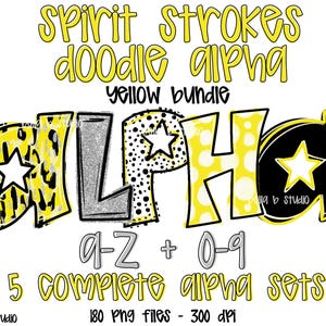 Yellow Spirit Doodle Alpha, Spots Alpha PNG, School Spirit Alphabet, Dotted Alpha, Alpha Bundle, Doodle Letters, Digital Download