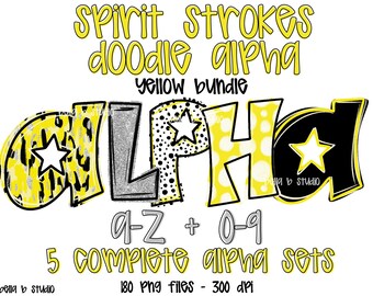 Yellow Spirit Doodle Alpha, Spots Alpha PNG, Alfabeto do espírito escolar, Alfa pontilhado, Pacote Alpha, Letras Doodle, Download digital
