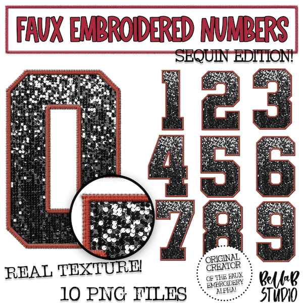 Faux Embroidered Sequin PNG Numbers Set, Black Sequin, Red Faux Sequin PNG, Stitched Numbers PNG, Varsity Numbers, Digital Download