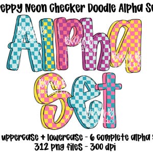 Preppy Neon Checker Doodle Alpha PNG Bundle, Bright Fun Alpha PNG, Doodle Font,Alpha Bundle, Font, Doodle Letters, Clipart, Digital Download