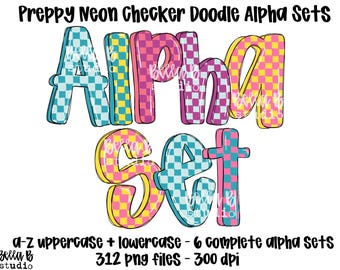 Preppy Neon Checker Doodle Alpha PNG Bundle, Bright Fun Alpha PNG, Doodle Font,Alpha Bundle, Font, Doodle Letters, Clipart, Digital Download