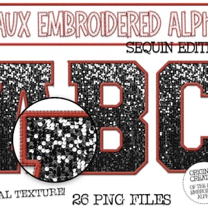 Faux Embroidered Sequin PNG Alphabet Set, Black Sequin, Red Faux Sequin PNG, Stitched Alpha PNG, Varsity Letters, Digital Download, Alphabet